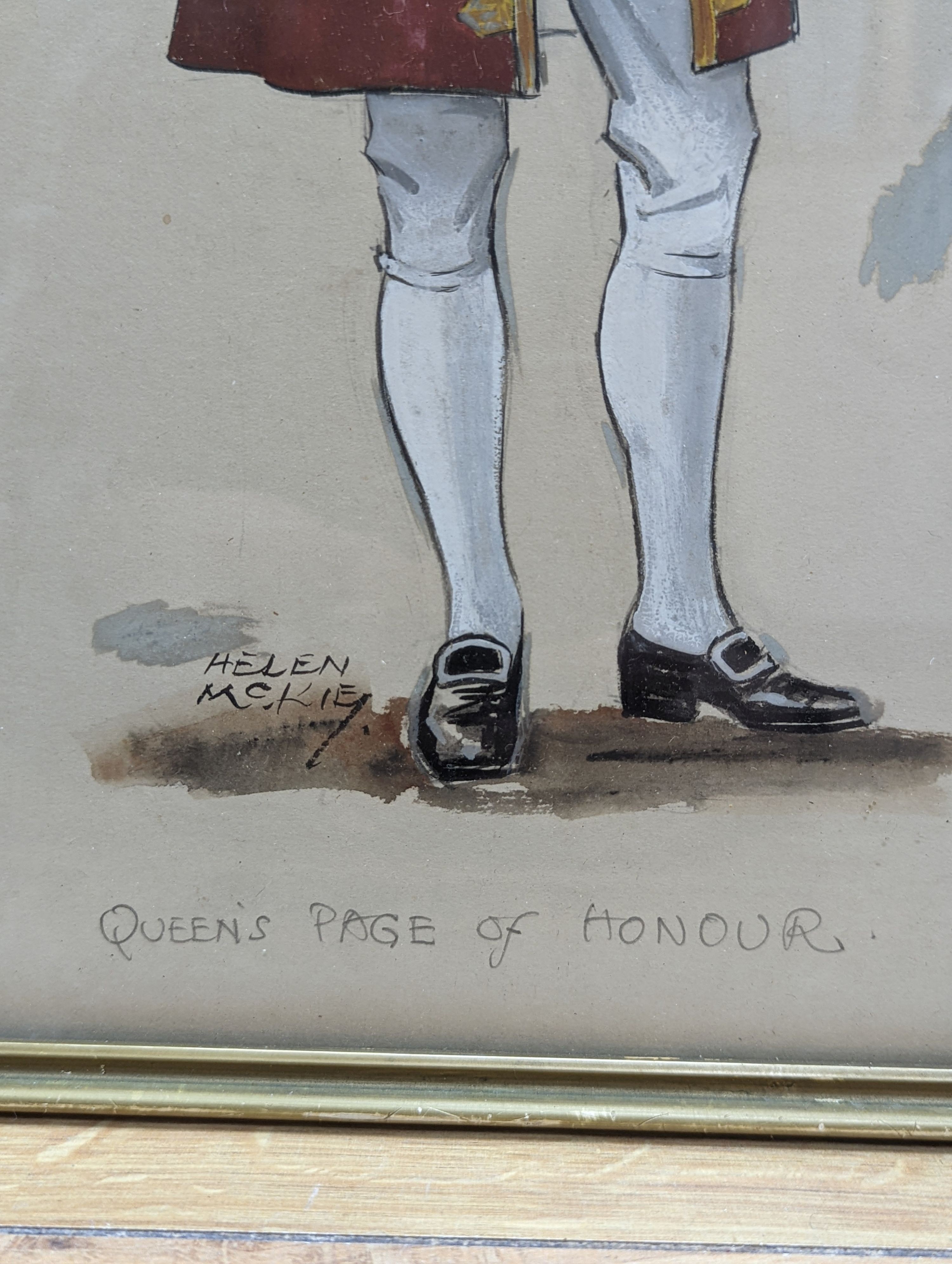 Helen McKie, three gouache and watercolour studies, Gentleman at arms, Queen's Page of Honour and Herald, signed, largest 47 x 26cm